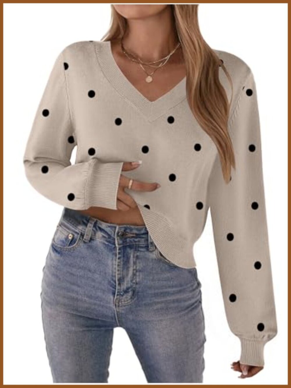 V-Neck Cropped Knit Pullover Sweater Long Lantern Sleeve
